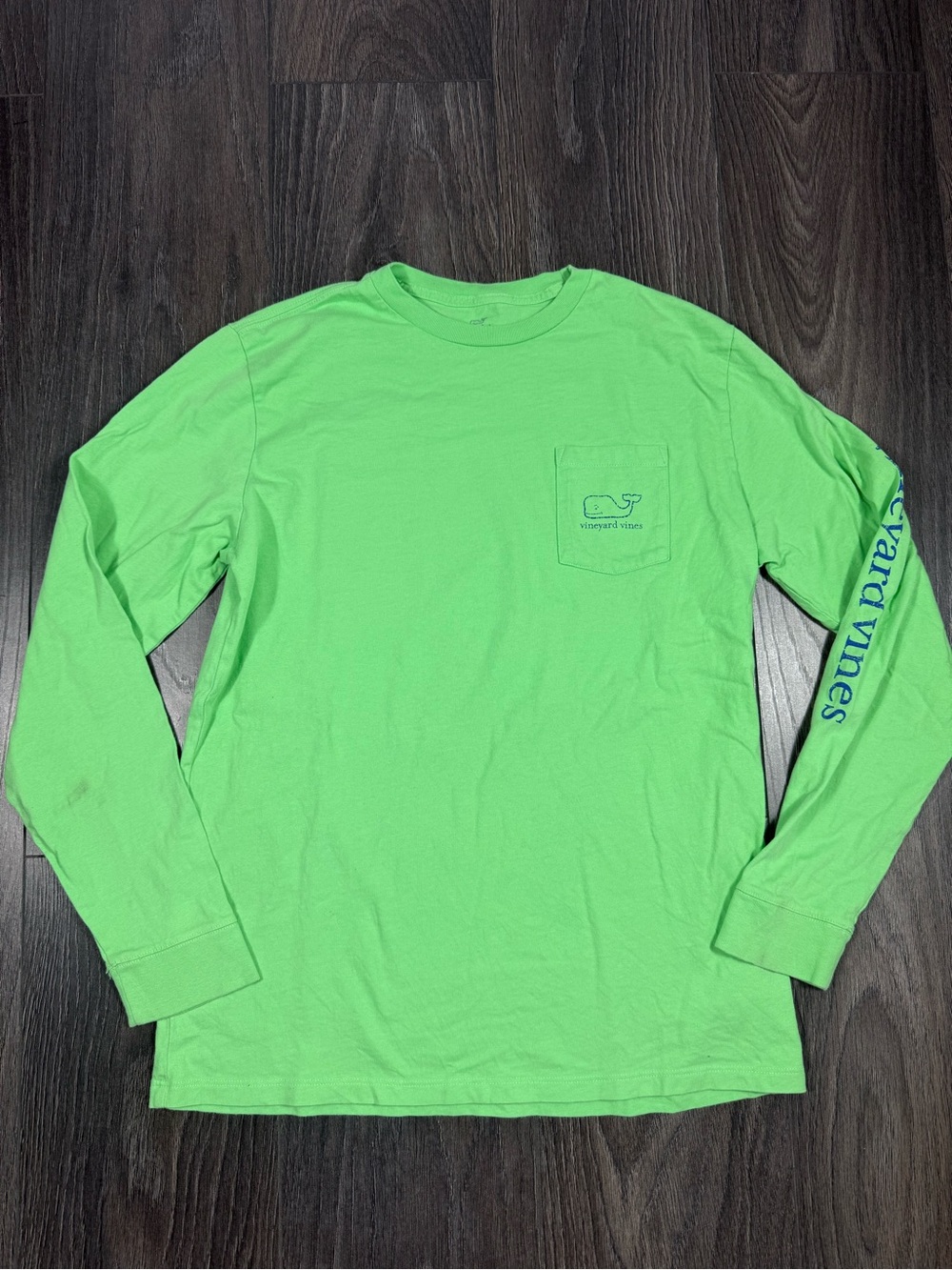 Vineyard Vines Men's Long-Sleeve Pocket Tee - Neon Green with Blue Sleeve Logo